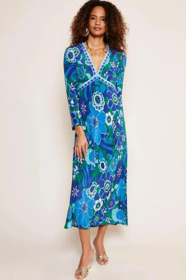 Rixo Dresses Women Tania Silk Midi Dress Miami Floral Emerald