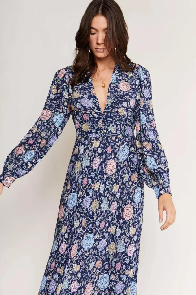 Rixo Dresses Women Trula Midi Dress Camellia Garden Navy