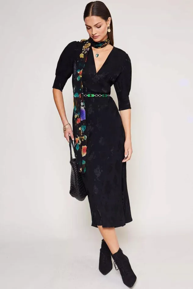 Rixo Dresses Women Zadie Jacquard Midi Dress Black Poppy Jacquard