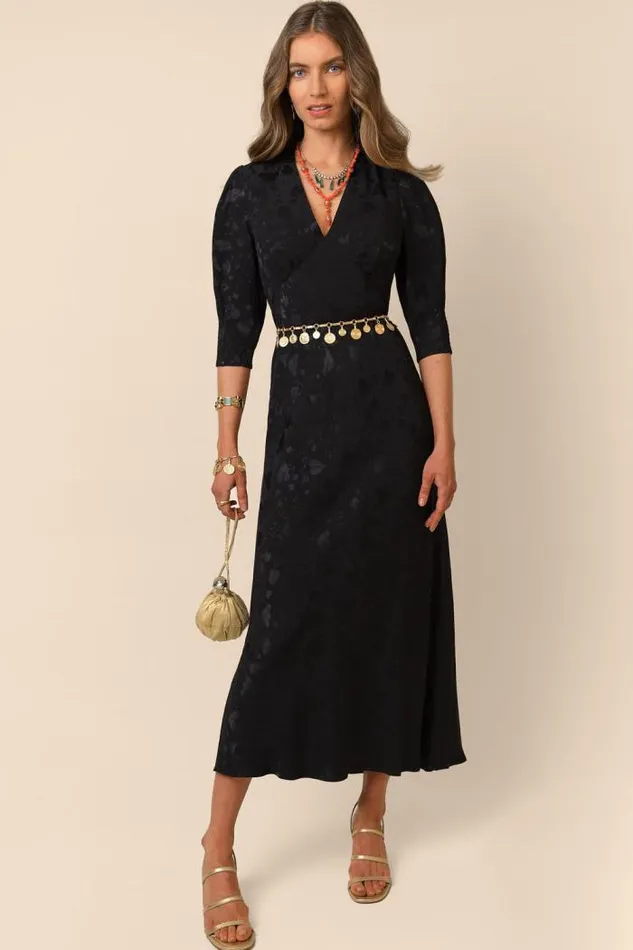 Rixo Dresses Women Zadie Jacquard Midi Dress Leaf Heart Black