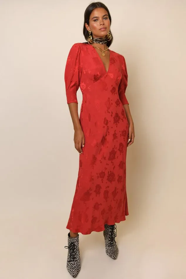 Rixo Dresses Women Zadie Jacquard Midi Dress Red Poppy Jacquard