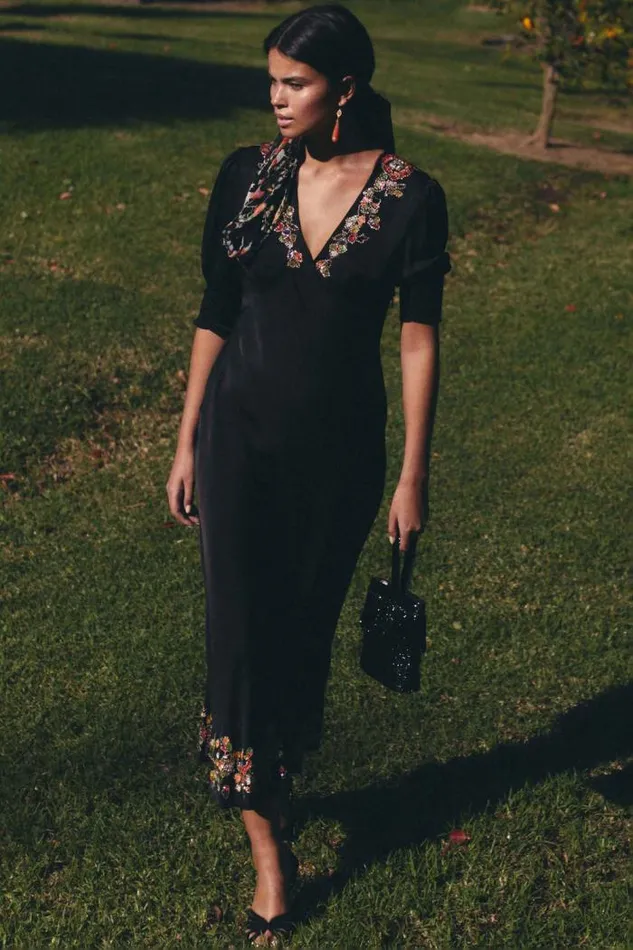 Rixo Dresses Women Zadie Midi Dress Waterblossom Embellishment Black