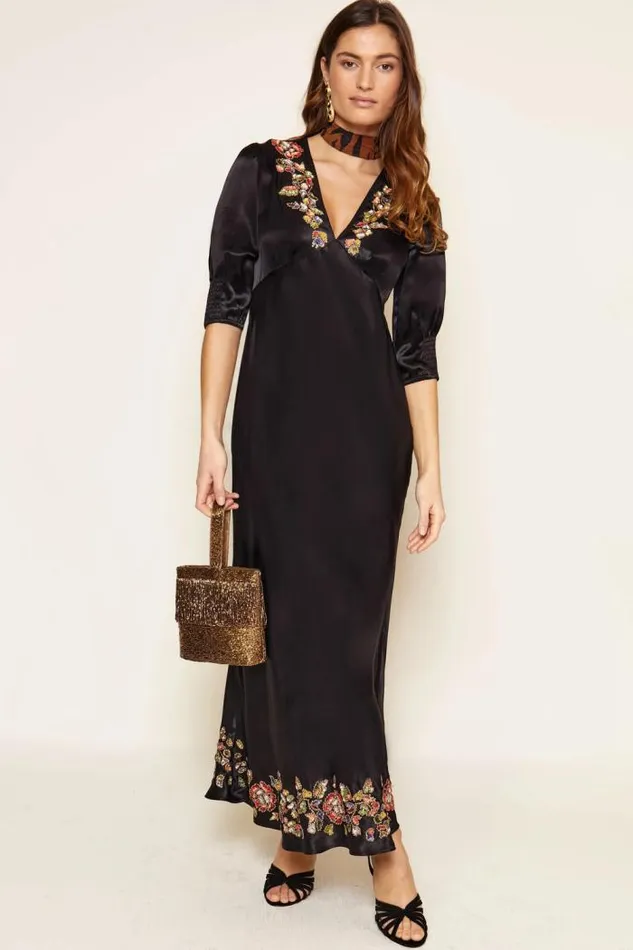Rixo Dresses Women Zadie Midi Dress Waterblossom Embellishment Black