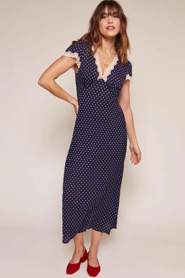 Rixo Loungewear Women Clarice Midi Dress Polka Dot Navy
