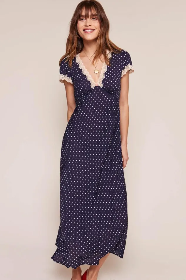 Rixo Loungewear Women Clarice Midi Dress Polka Dot Navy