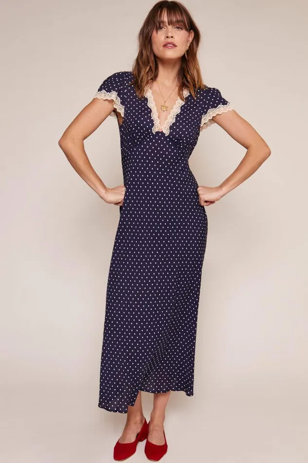 Rixo Loungewear Women Clarice Midi Dress Polka Dot Navy