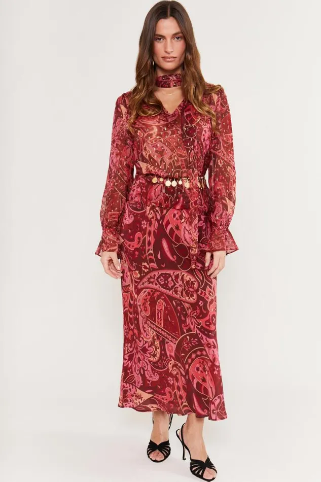 Rixo Skirts Women Ardith Silk Midi Skirt Grace Paisley Berry