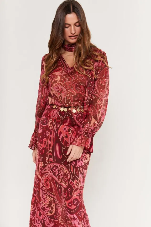 Rixo Skirts Women Ardith Silk Midi Skirt Grace Paisley Berry
