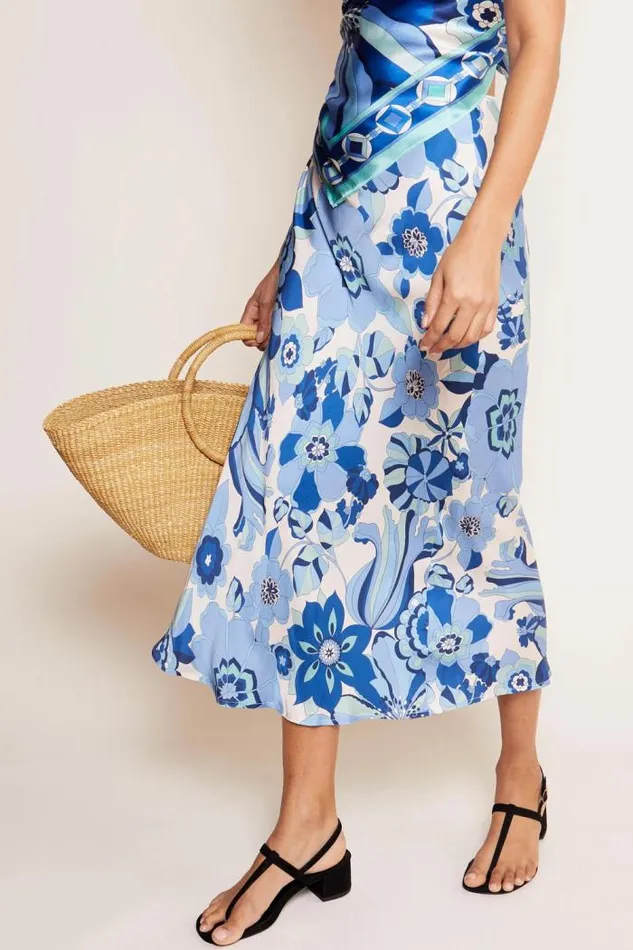 Rixo Skirts Women Kelly Satin Midi Skirt Miami Floral Ivory