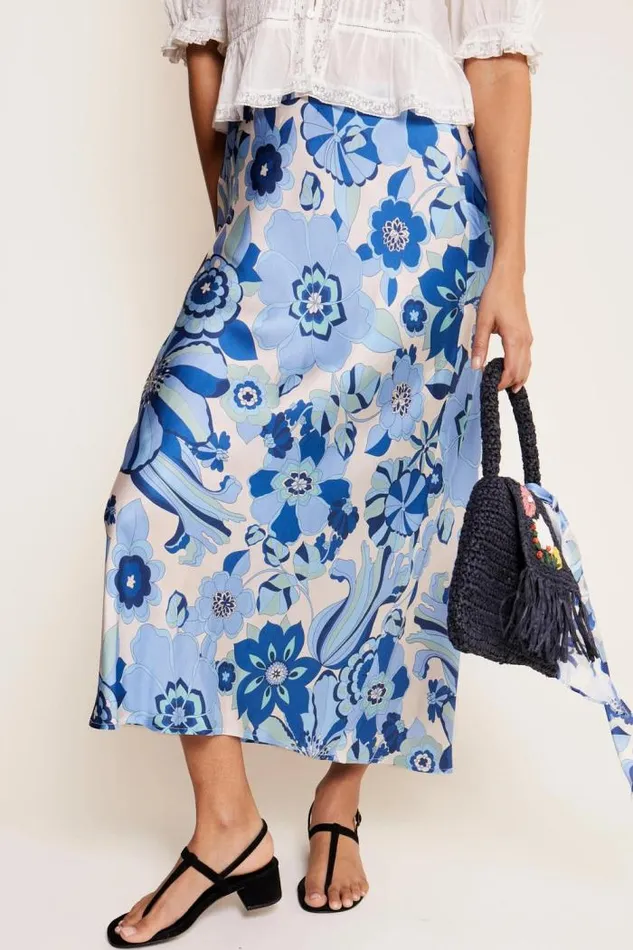 Rixo Skirts Women Kelly Satin Midi Skirt Miami Floral Ivory