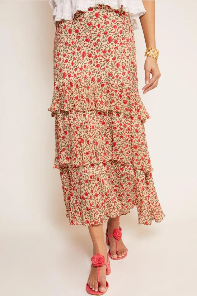 Rixo Skirts Women Preslee Tiered Midi Skirt Ditsy Trail Cream
