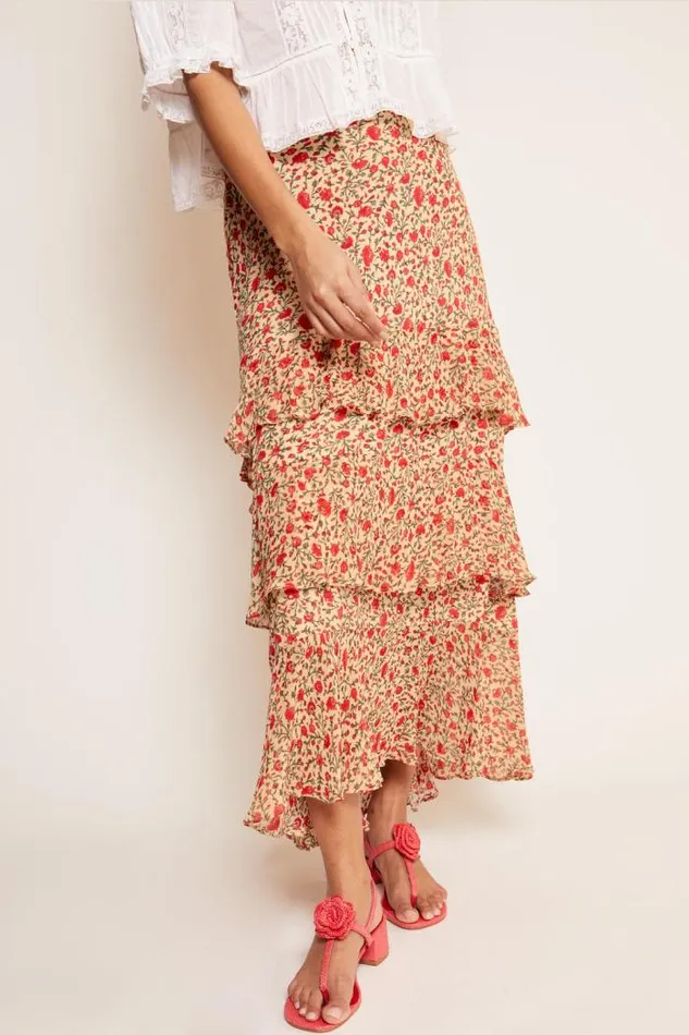 Rixo Skirts Women Preslee Tiered Midi Skirt Ditsy Trail Cream
