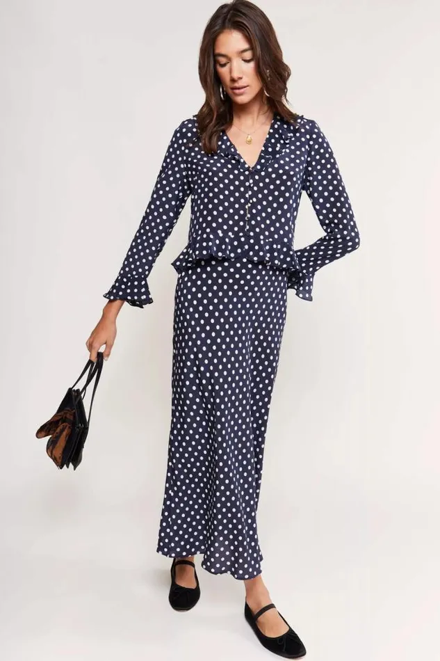 Rixo Staples Women Ardith Silk Midi Skirt Runway Spot Navy