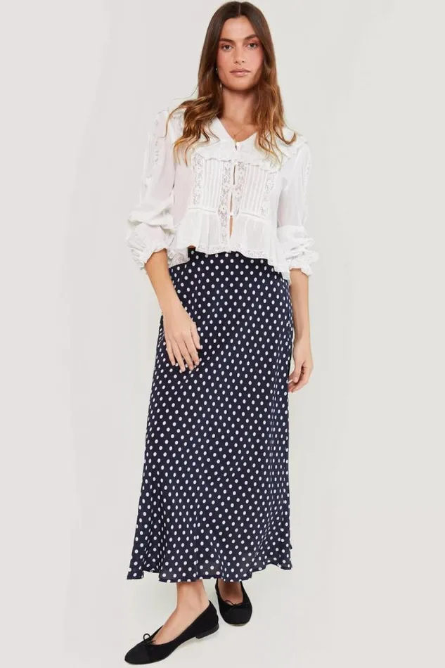 Rixo Staples Women Ardith Silk Midi Skirt Runway Spot Navy
