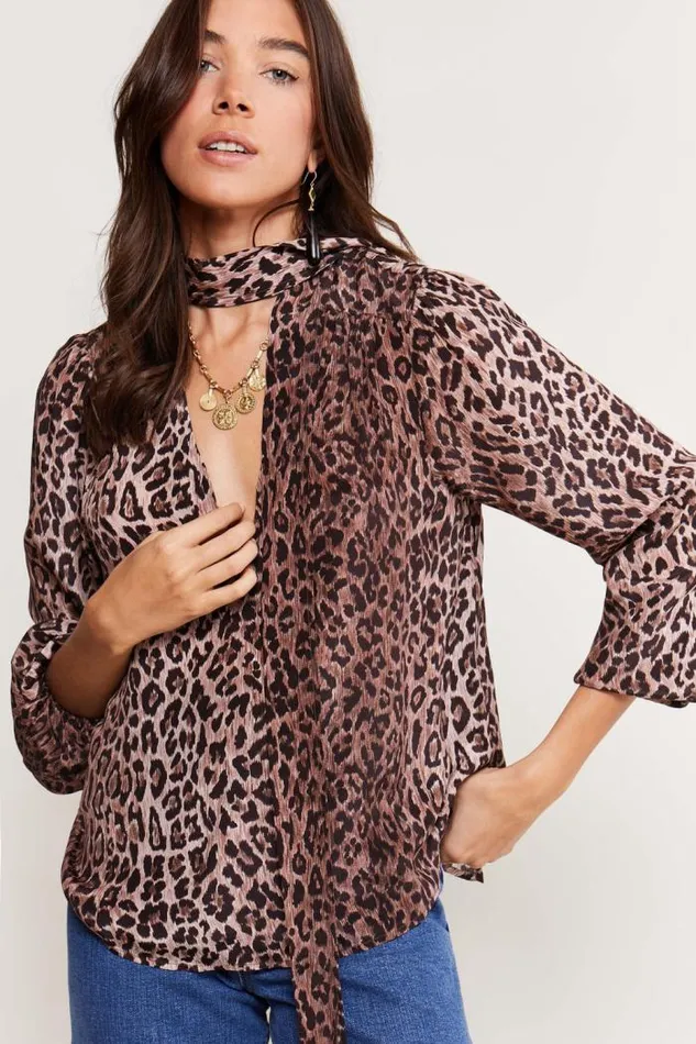 Rixo Staples Women Moss Leopard Silk Blouse Leopard