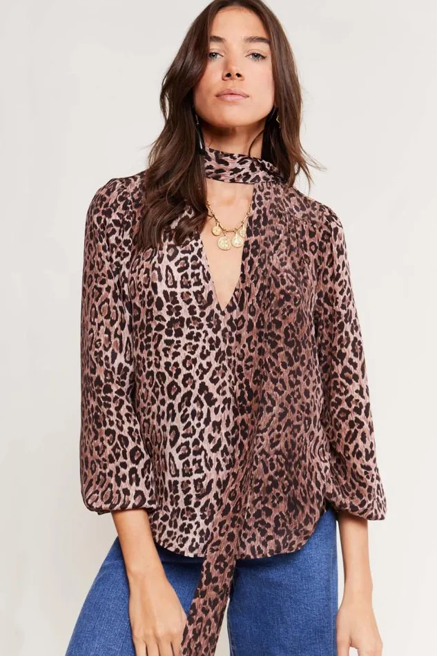 Rixo Staples Women Moss Leopard Silk Blouse Leopard