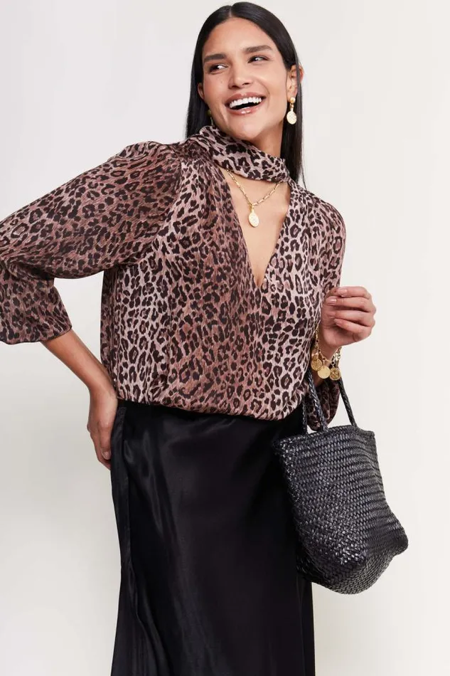 Rixo Staples Women Moss Leopard Silk Blouse Leopard