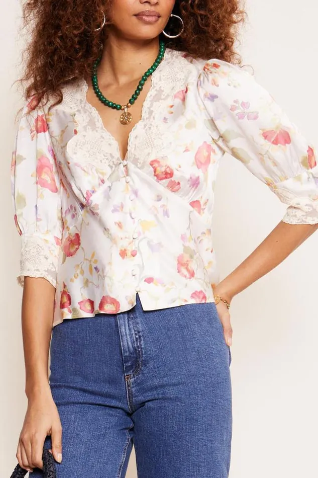 Rixo Tops Women Amanda LaceTrim Top Waterblossom Ivory