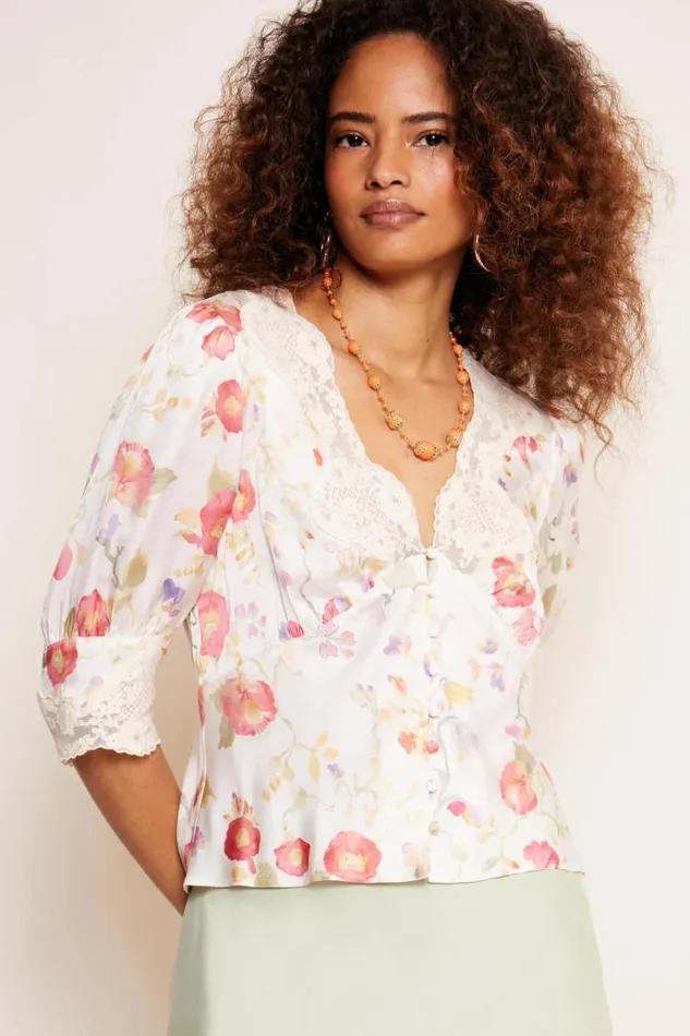 Rixo Tops Women Amanda LaceTrim Top Waterblossom Ivory