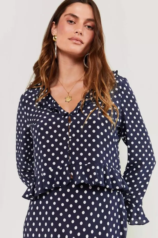 Rixo Tops Women Amaya PolkaDot Silk Top Runway Spot Navy