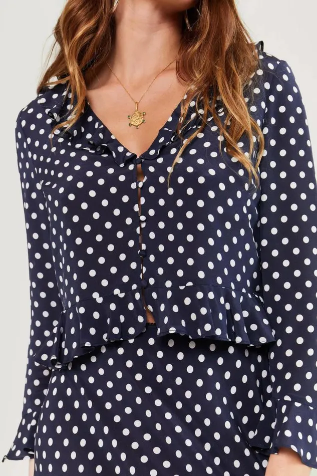 Rixo Tops Women Amaya PolkaDot Silk Top Runway Spot Navy