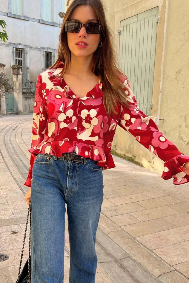 Rixo Tops Women Amaya Silk Top Sweetheart Floral Pink