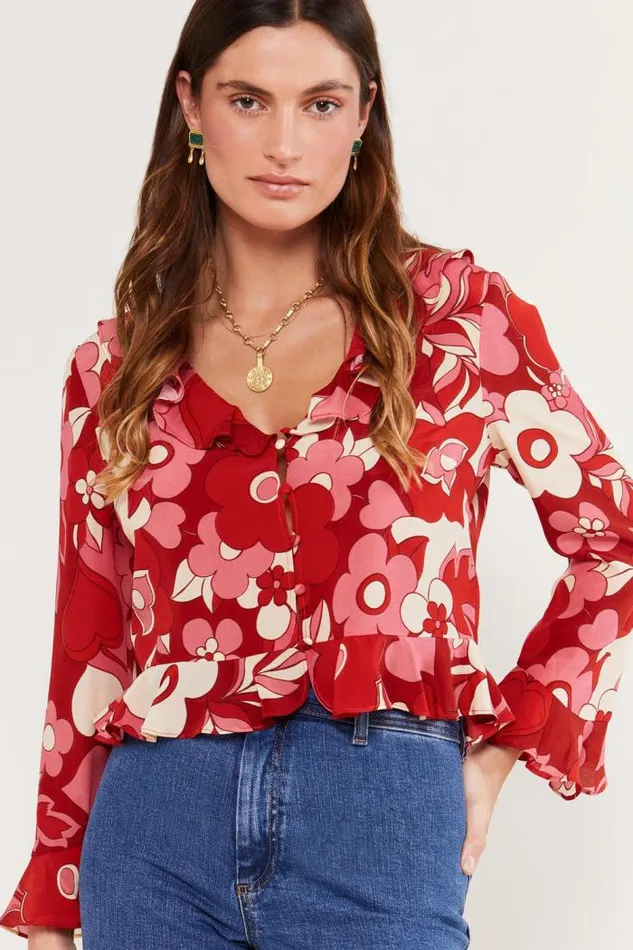 Rixo Tops Women Amaya Silk Top Sweetheart Floral Pink