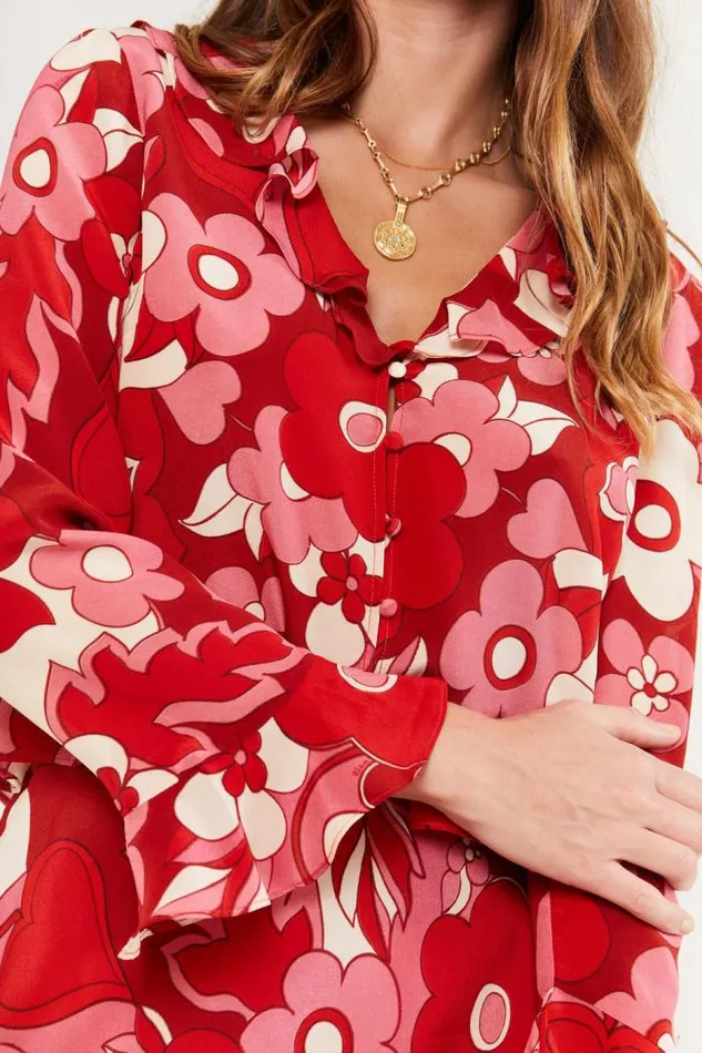 Rixo Tops Women Amaya Silk Top Sweetheart Floral Pink