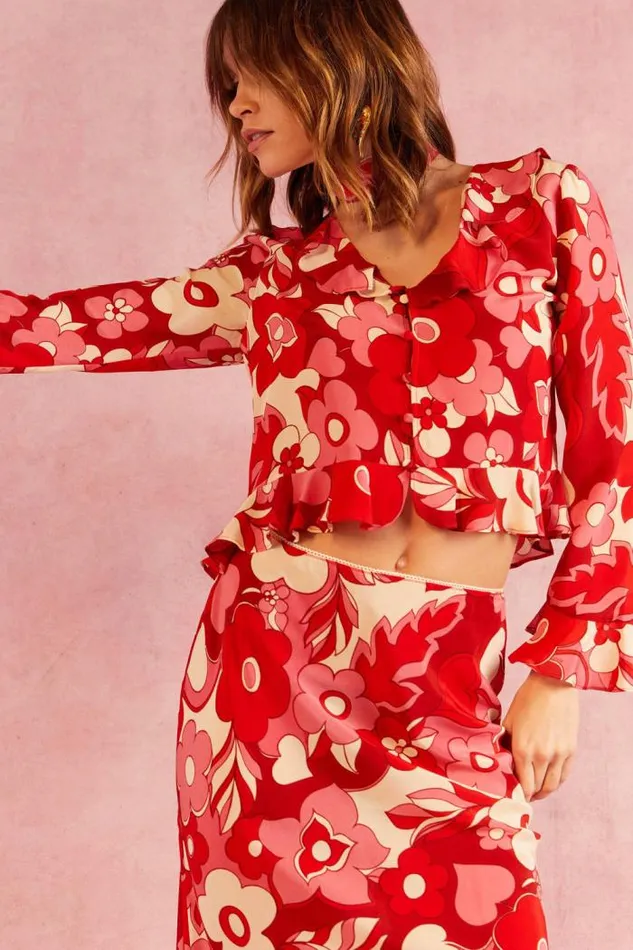 Rixo Tops Women Amaya Silk Top Sweetheart Floral Pink