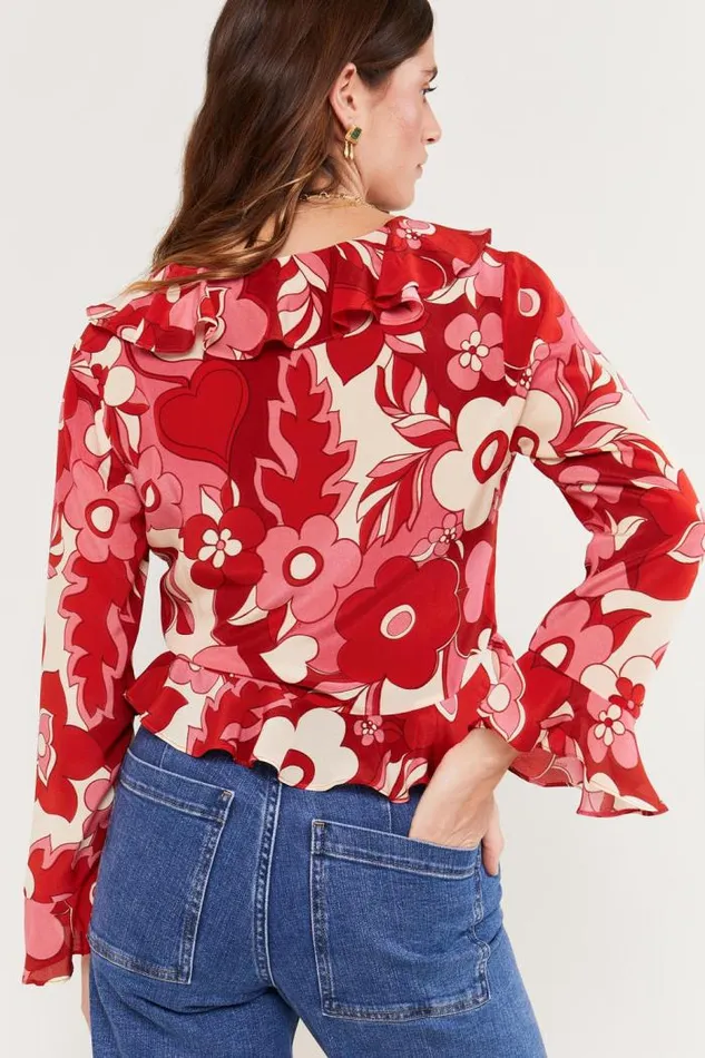 Rixo Tops Women Amaya Silk Top Sweetheart Floral Pink