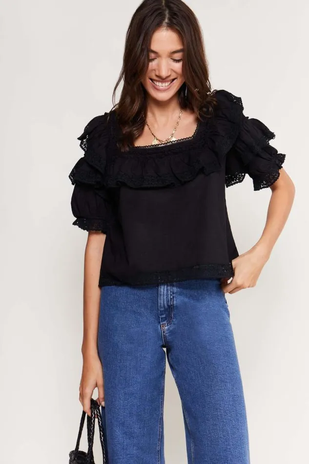Rixo Tops Women Bertie Cotton Top Black