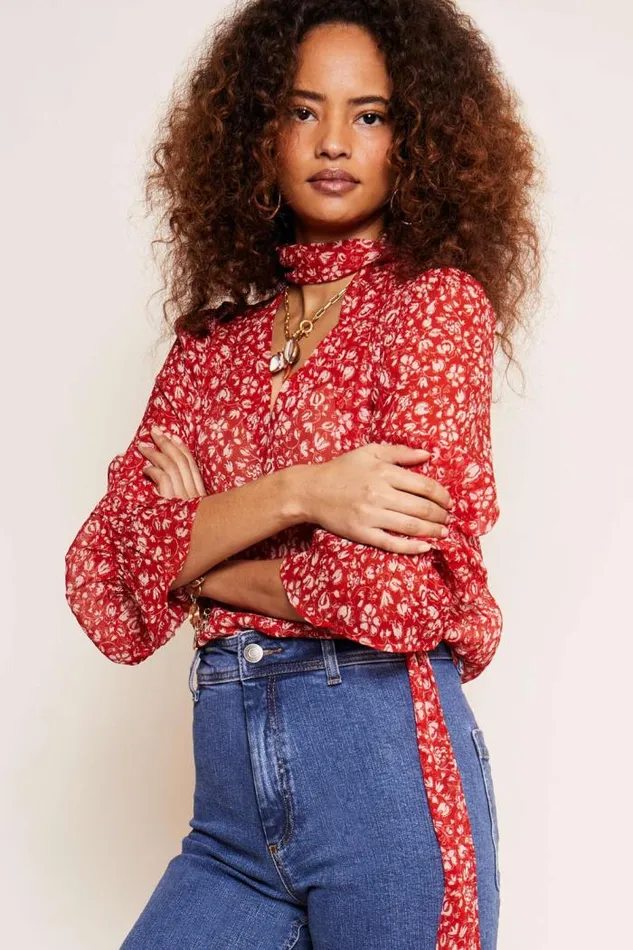 Rixo Tops Women Jovie TieNeck Blouse Amelie Floral Red