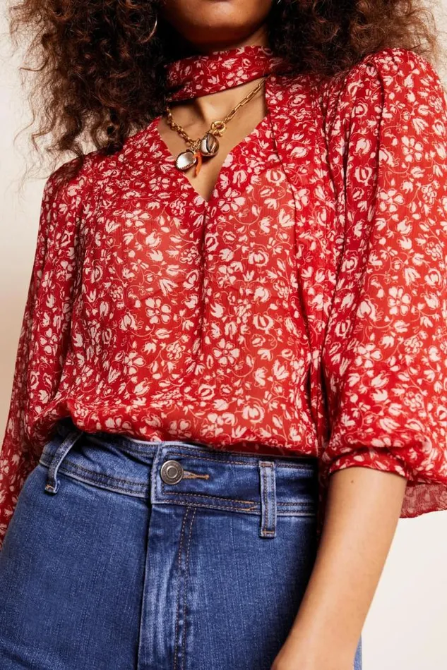 Rixo Tops Women Jovie TieNeck Blouse Amelie Floral Red
