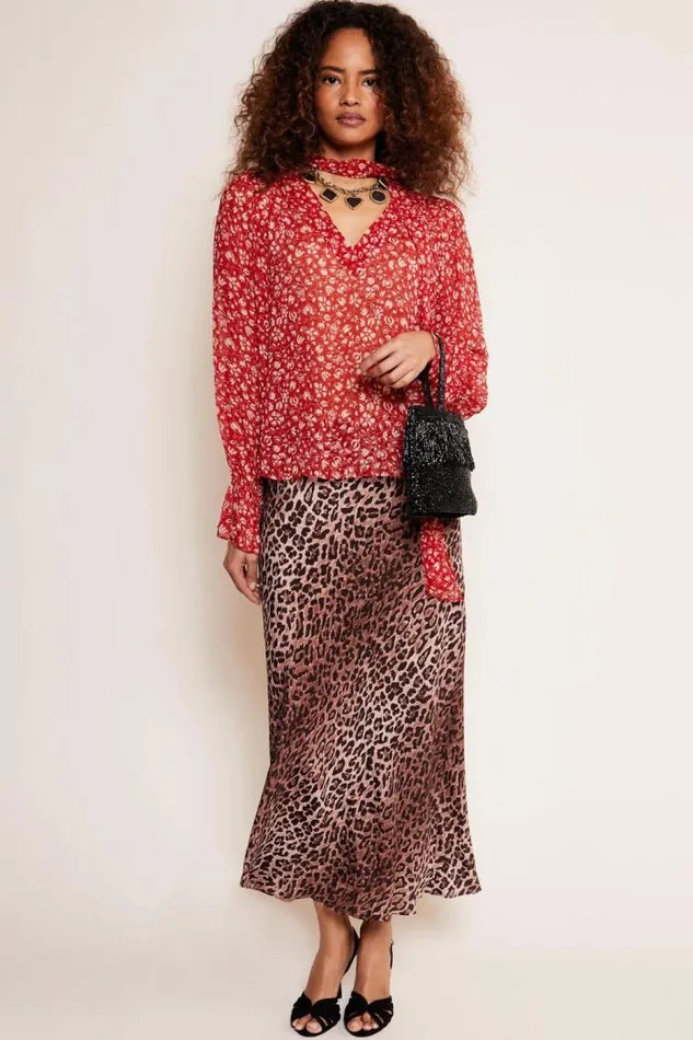 Rixo Tops Women Jovie TieNeck Blouse Amelie Floral Red