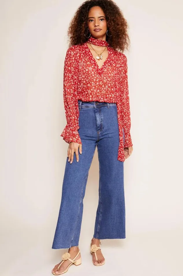 Rixo Tops Women Jovie TieNeck Blouse Amelie Floral Red