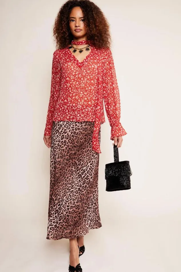 Rixo Tops Women Jovie TieNeck Blouse Amelie Floral Red