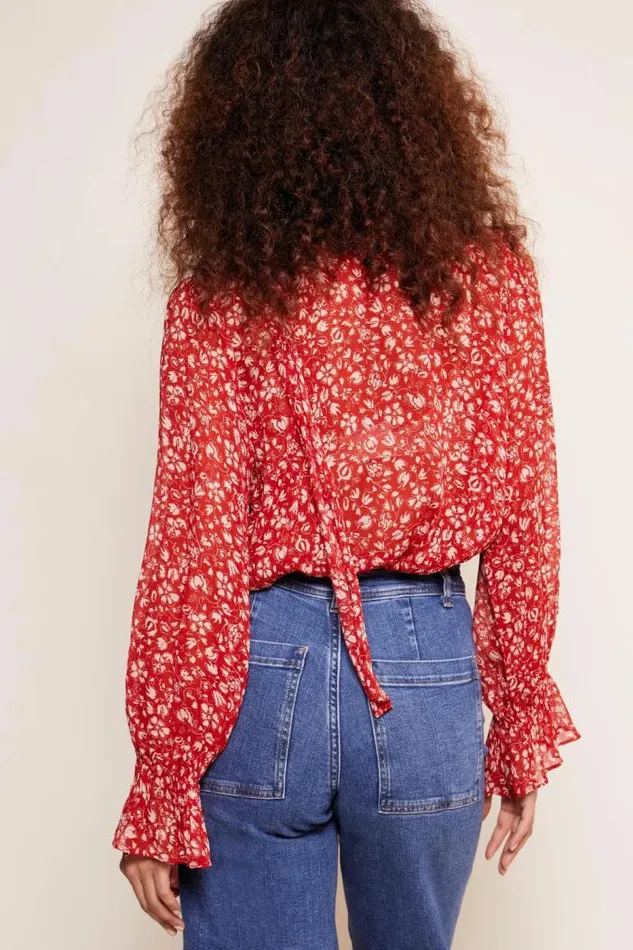 Rixo Tops Women Jovie TieNeck Blouse Amelie Floral Red
