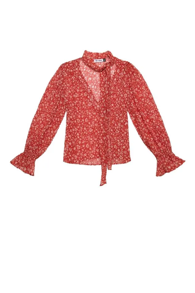 Rixo Tops Women Jovie TieNeck Blouse Amelie Floral Red