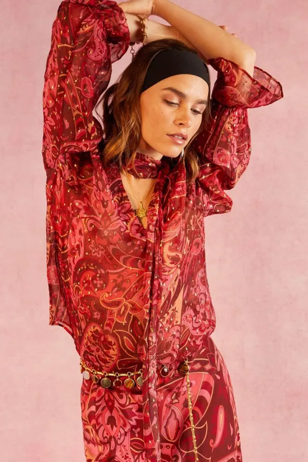 Rixo Tops Women Jovie TieNeck Blouse Grace Paisley Berry