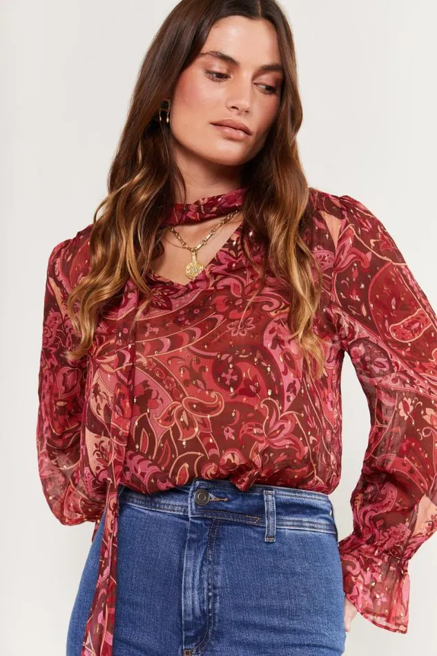 Rixo Tops Women Jovie TieNeck Blouse Grace Paisley Berry