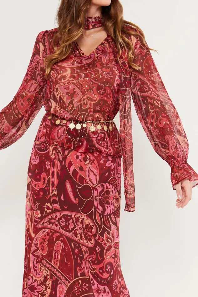 Rixo Tops Women Jovie TieNeck Blouse Grace Paisley Berry