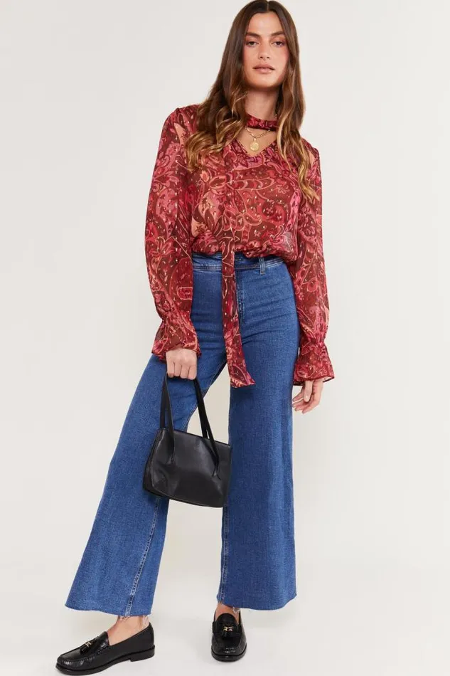 Rixo Tops Women Jovie TieNeck Blouse Grace Paisley Berry