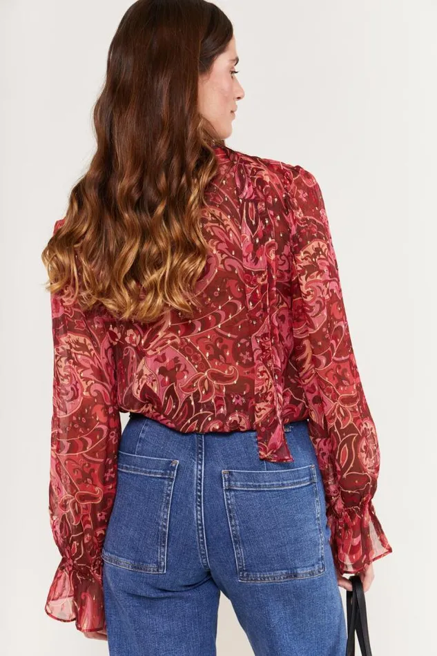 Rixo Tops Women Jovie TieNeck Blouse Grace Paisley Berry