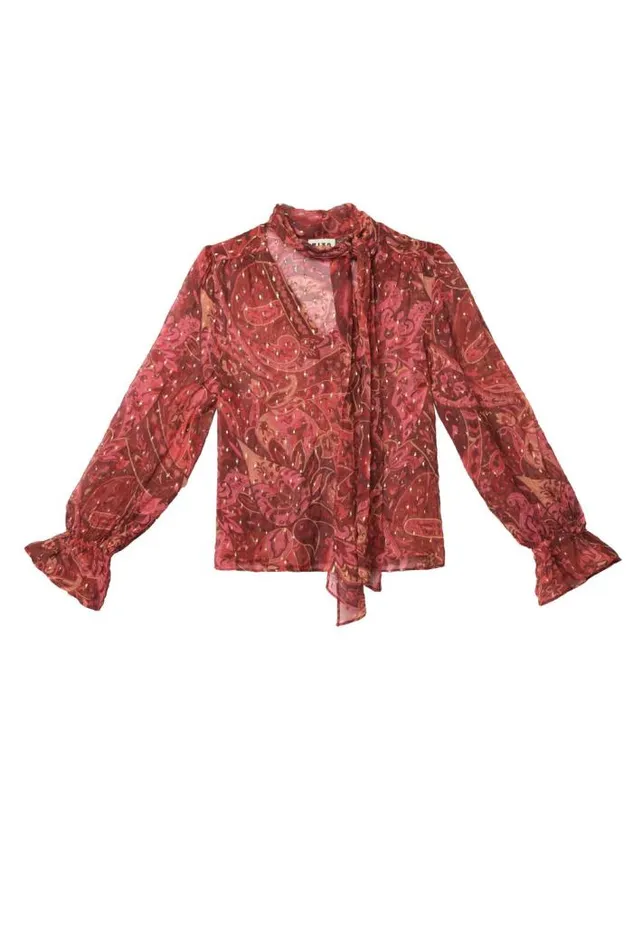 Rixo Tops Women Jovie TieNeck Blouse Grace Paisley Berry