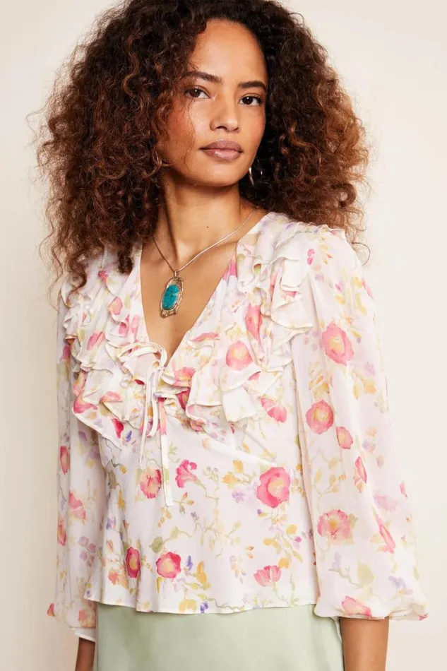 Rixo Tops Women Lasca Ruffled Silk Blouse Waterblossom Ivory