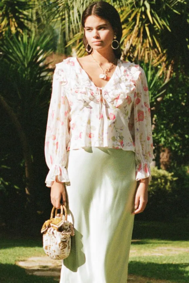 Rixo Tops Women Lasca Ruffled Silk Blouse Waterblossom Ivory