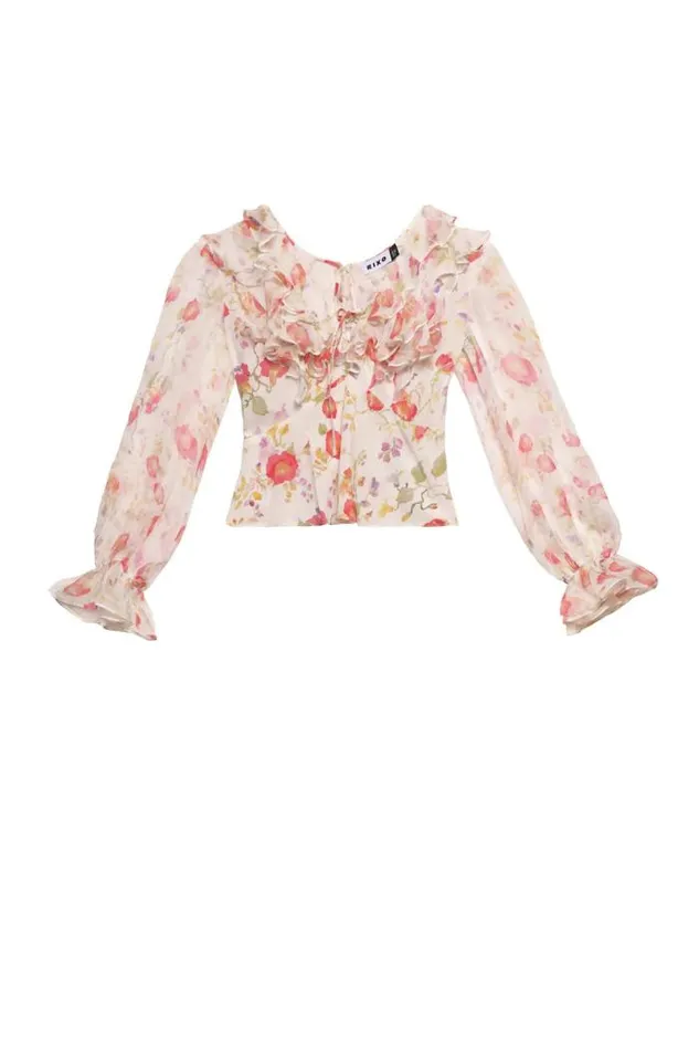 Rixo Tops Women Lasca Ruffled Silk Blouse Waterblossom Ivory