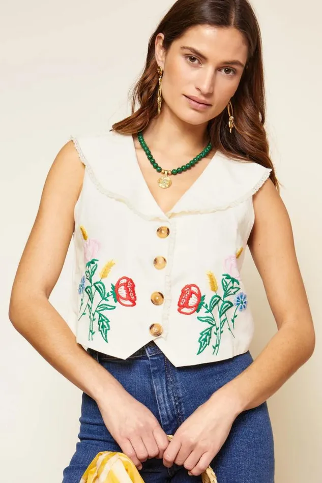 Rixo Tops Women Monica Embroidered Top Posy Embroidery Cream