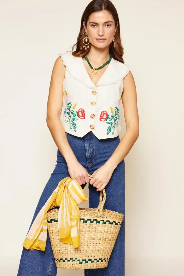 Rixo Tops Women Monica Embroidered Top Posy Embroidery Cream