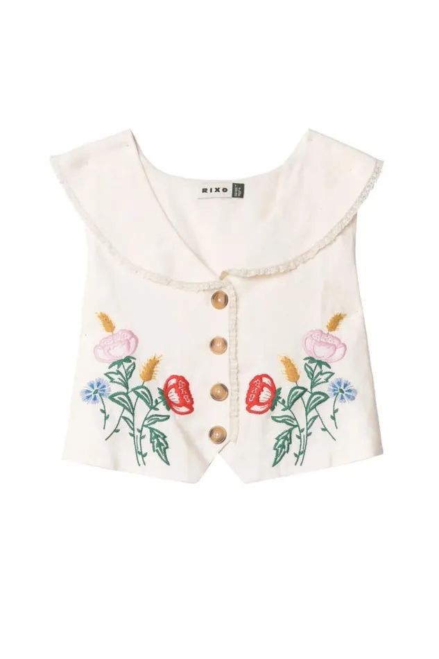 Rixo Tops Women Monica Embroidered Top Posy Embroidery Cream
